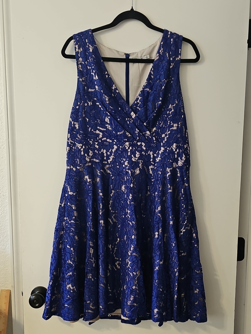 Eliza J Women's Royal Blue Lace Fit & Flare Cocktail V-neck Dress Size 14